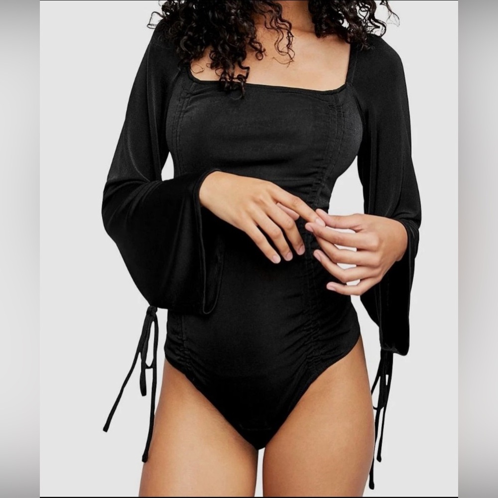 Free People Black Bell Sleeve Bodysuit